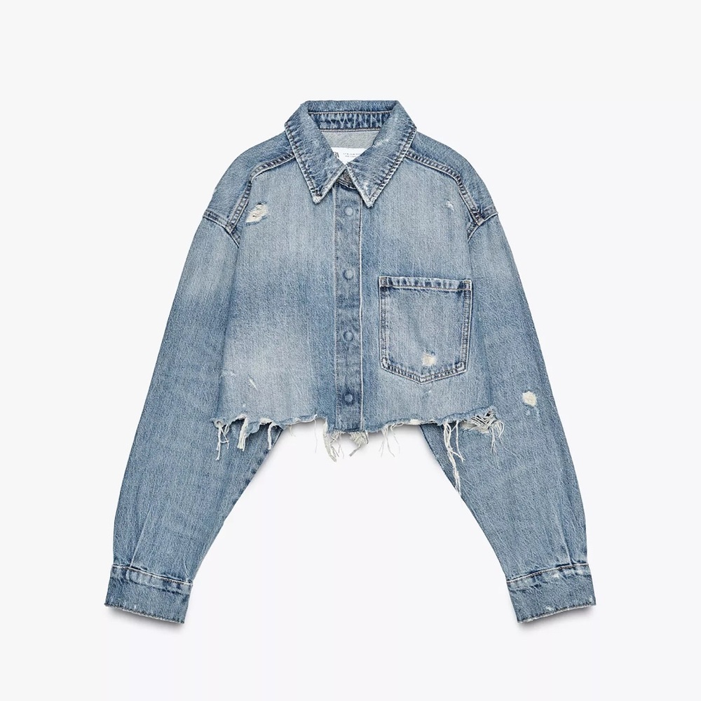Zara Light Blue Cropped Distressed Denim Jacket